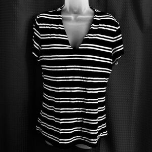 INC International Concepts Black and White Striped Short Sleeved Vneck Top L